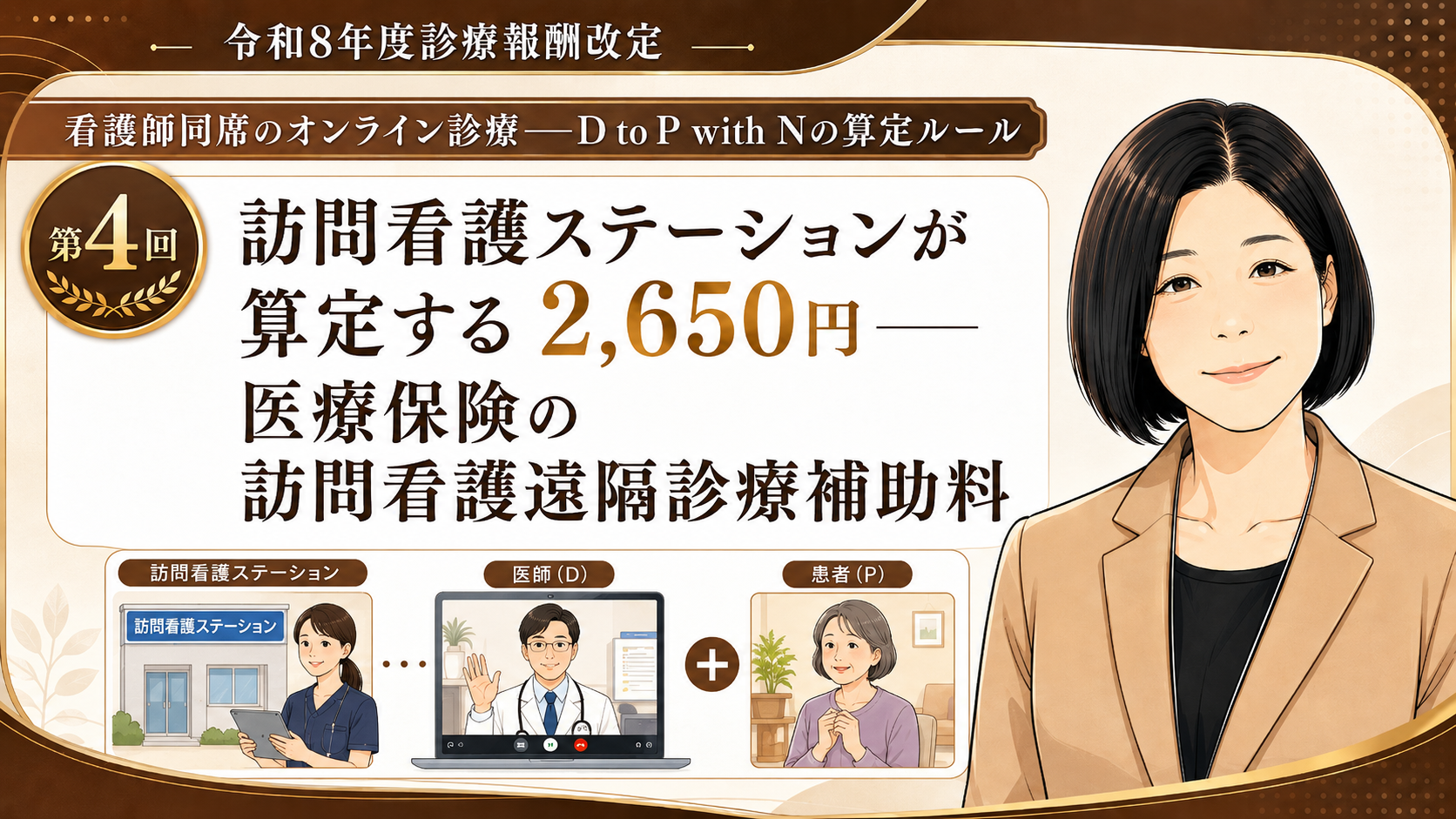 あなたが現在見ているのは 訪問看護ステーションが算定する2,650円――医療保険の訪問看護遠隔診療補助料（第4回／全6回）
