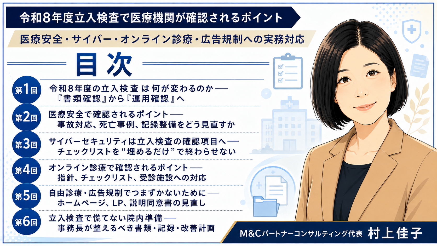 あなたが現在見ているのは 令和8年度立入検査で医療機関が確認されるポイント――医療安全・サイバーセキュリティ・オンライン診療・広告規制への実務対応　目次