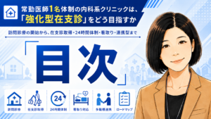 投稿についてもっと詳しく 常勤医師1名体制の内科系クリニックは、「強化型在支診」をどう目指すか― 訪問診療の開始から、在支診取得・24時間体制・看取り・連携型まで　目次