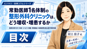 投稿についてもっと詳しく 常勤医師1名体制の整形外科クリニックは、どう増収・増患するか――医師を増やさず、外来・リハビリ・検査・骨粗鬆症・地域連携を組み直す経営改善　目次